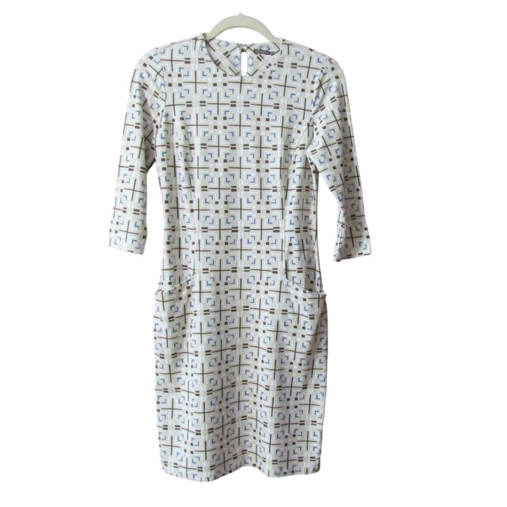 J. McLaughlin Geometric Print Dress Pockets 3/4 Sleeves - Size XS